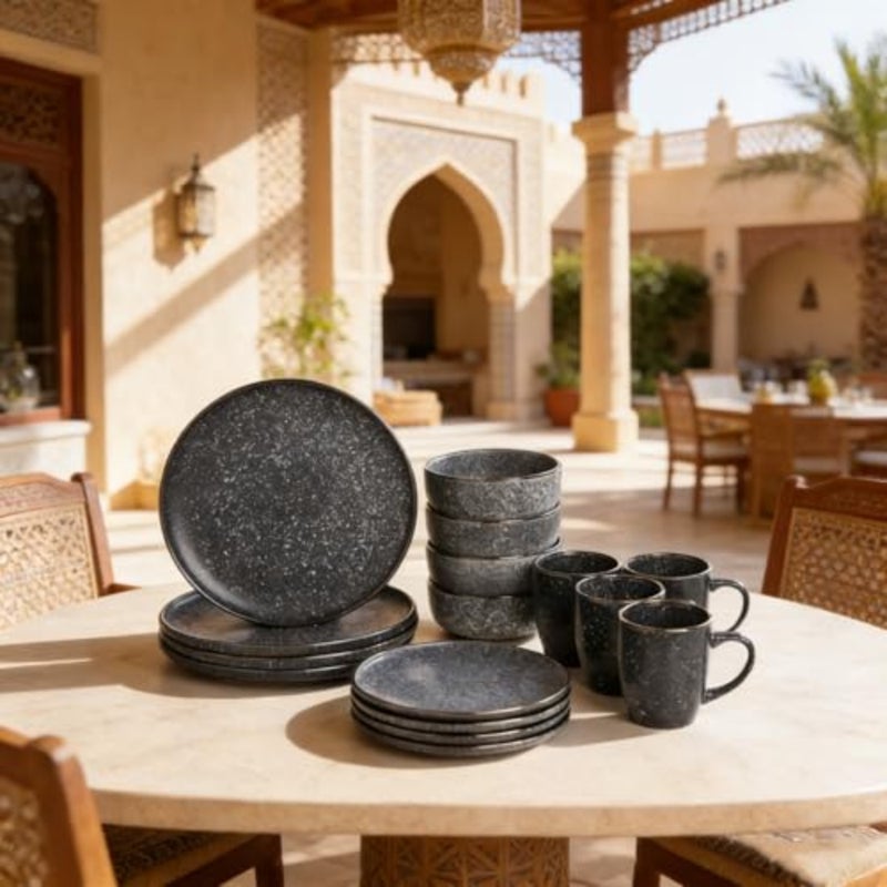 طقم أواني طعام من الخزف الحجري مكون من 16 قطعة، طقم أواني فخارية سيراميكية للمطبخ، طقم خدمة عشاء لـ 4 أشخاص، يشمل طبق العشاء، طبق الحلوى، وعاء الحبوب وكوب ندفة الثلج باللون الأزرق - Image 4