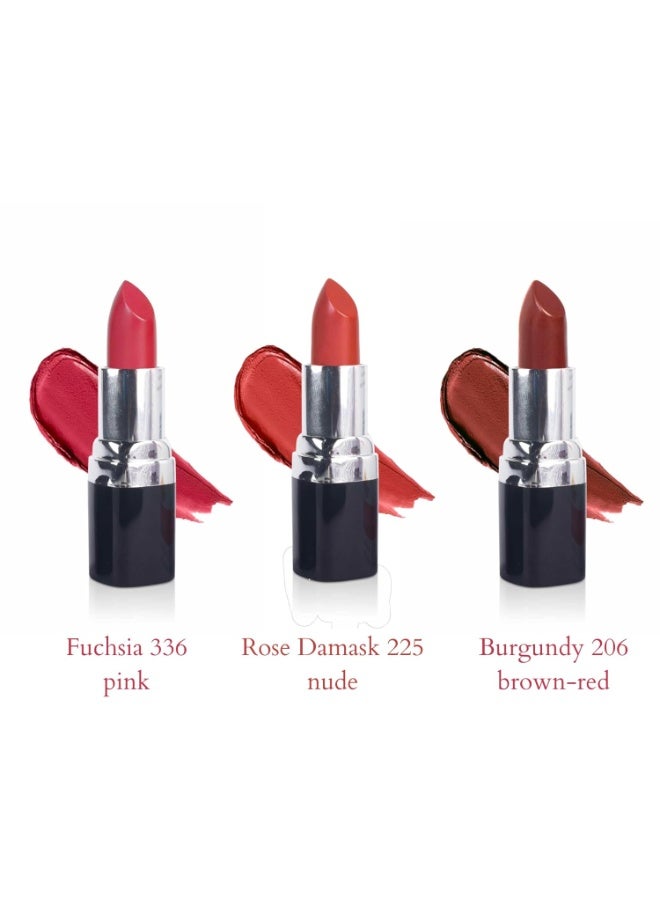 Barva Natural & Moisturising Lipsticks made using Pure Ghee, Kokum butter and Mineral Colours, 4.3g (Burgundy + Fuchsia + Rose Damask) - Image 1