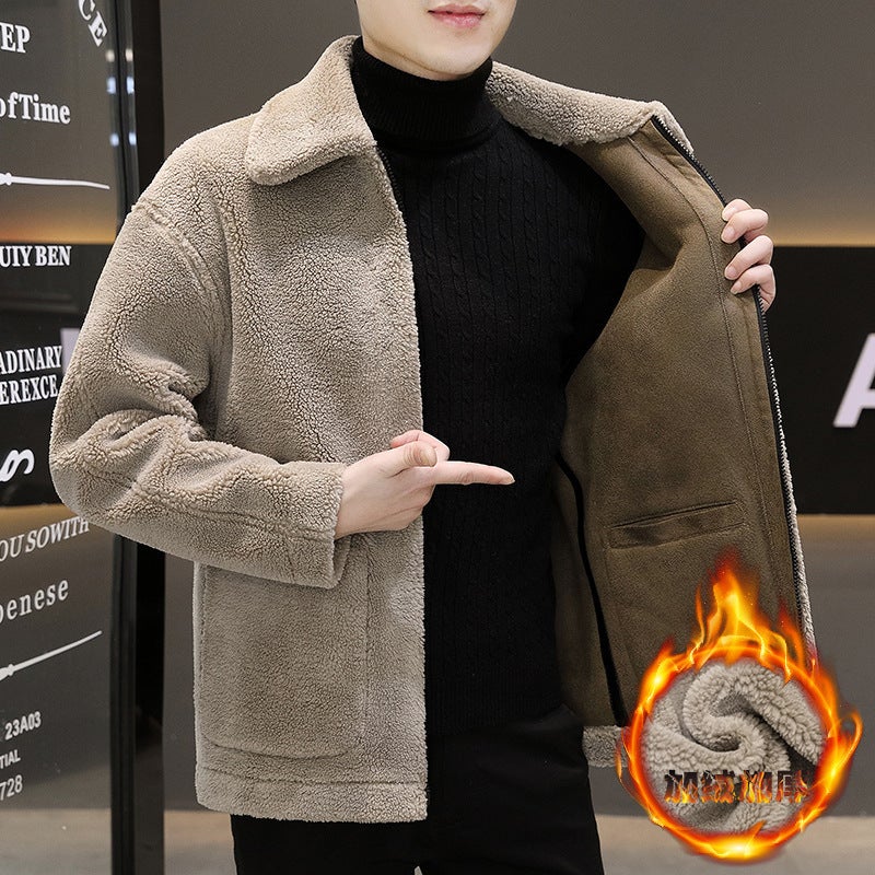 Men'S Winter Lapel Solid Color Fur One-Piece Long-Sleeved Double-Sided Jacket Jacket Trendy Men'S Warm Top - Image 5
