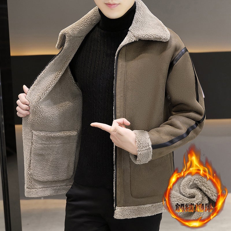 Men'S Winter Lapel Solid Color Fur One-Piece Long-Sleeved Double-Sided Jacket Jacket Trendy Men'S Warm Top - Image 2