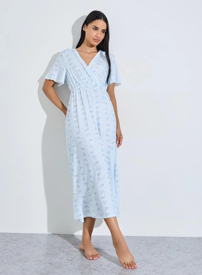 Styli Linear Bow Print V Neck Wrap Over Nightdress