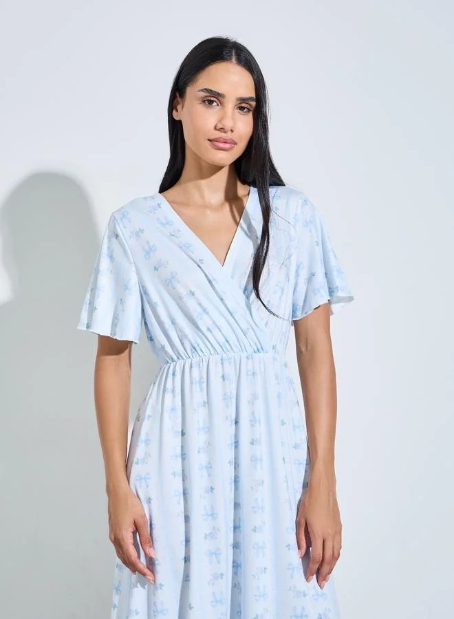Styli Linear Bow Print V Neck Wrap Over Nightdress