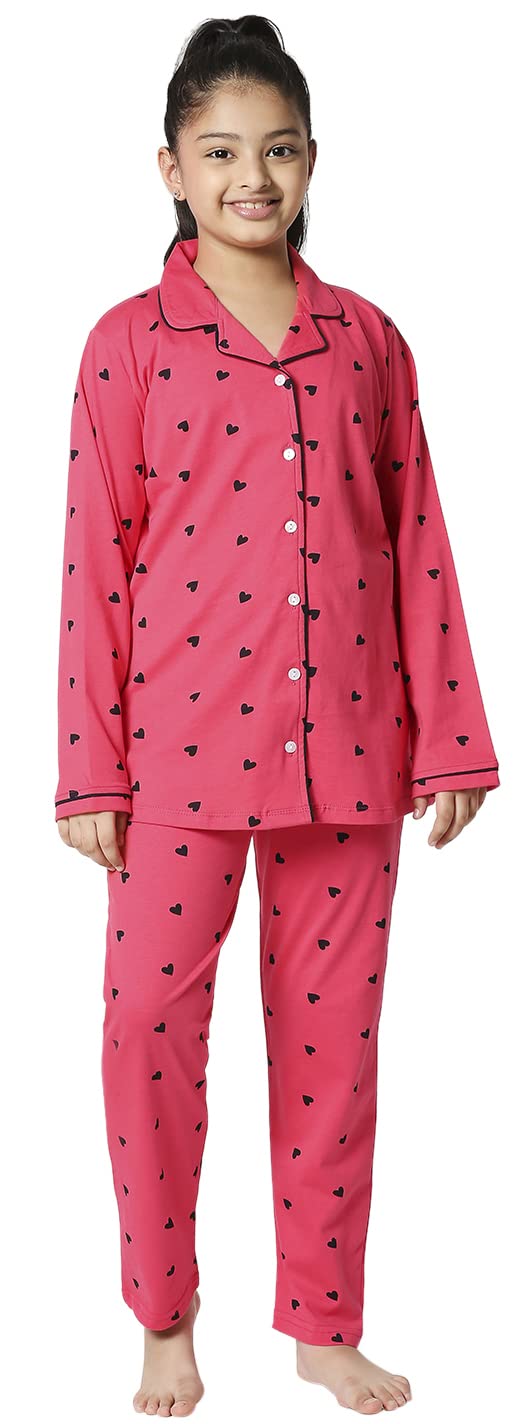 ZEYO Girls Night Suit Set Cotton Heart Printed Pink Night Suit 5514 - Image 1
