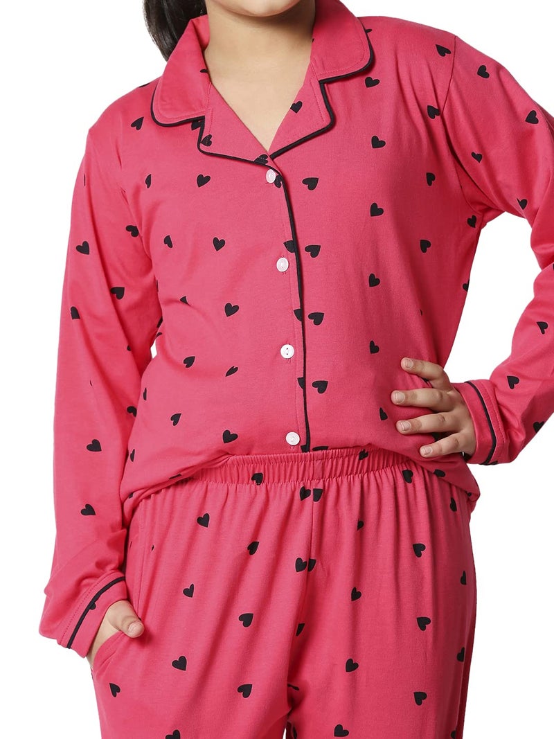 ZEYO Girls Night Suit Set Cotton Heart Printed Pink Night Suit 5514 - Image 2