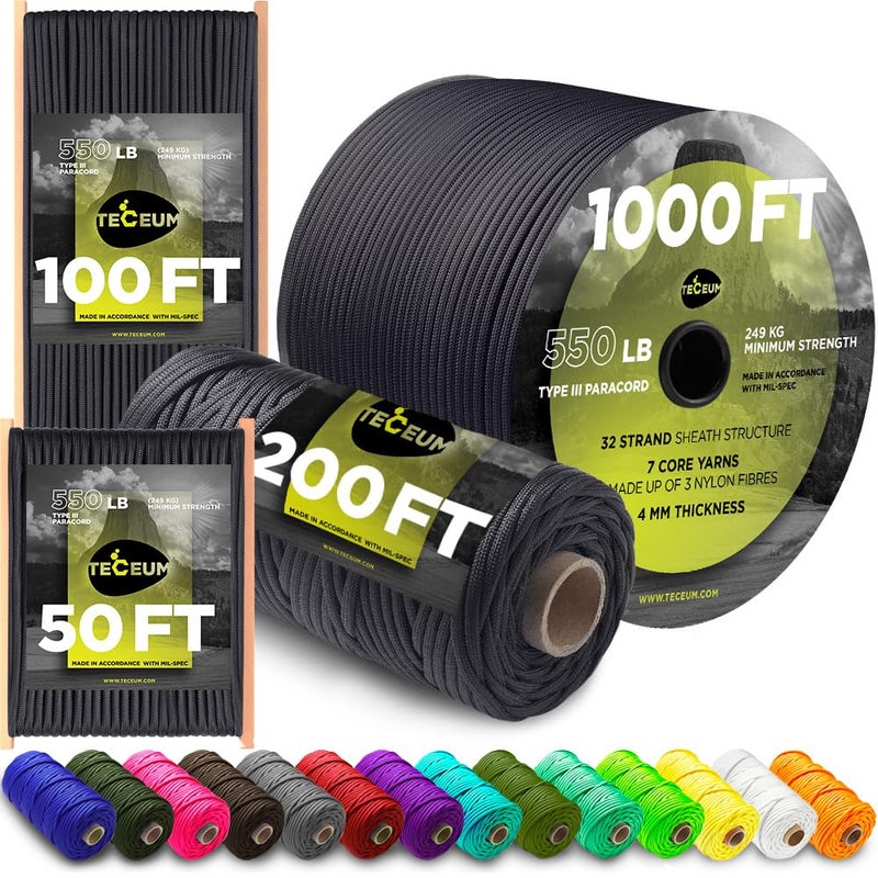 TECEUM Paracord Type III 550 Basalt â€“ 100 ft â€“ 4mm â€“ Tactical Rope MIL-SPEC â€“ Outdoor para Cord â€“Camping Hiking Fishing Gear and Equipment â€“ EDC Parachute Cord â€“ Strong Survival Rope - Image 1