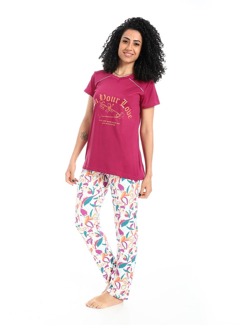 سيزار بيجامة حريمي صيفي نصف كم مزودة بطباعات من الصدر - Image 3