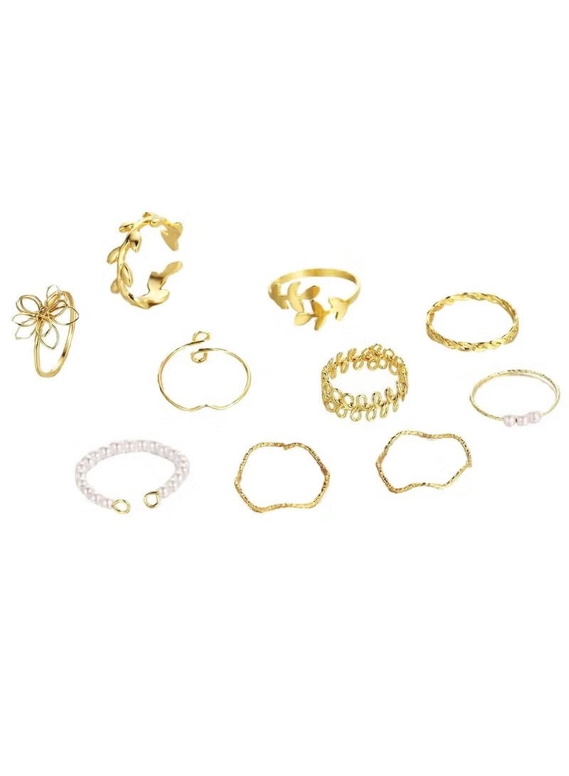 Huitich 10 Pcs Gold-Tone Bohemian Leaf & Pearl Ring Set - Image 1