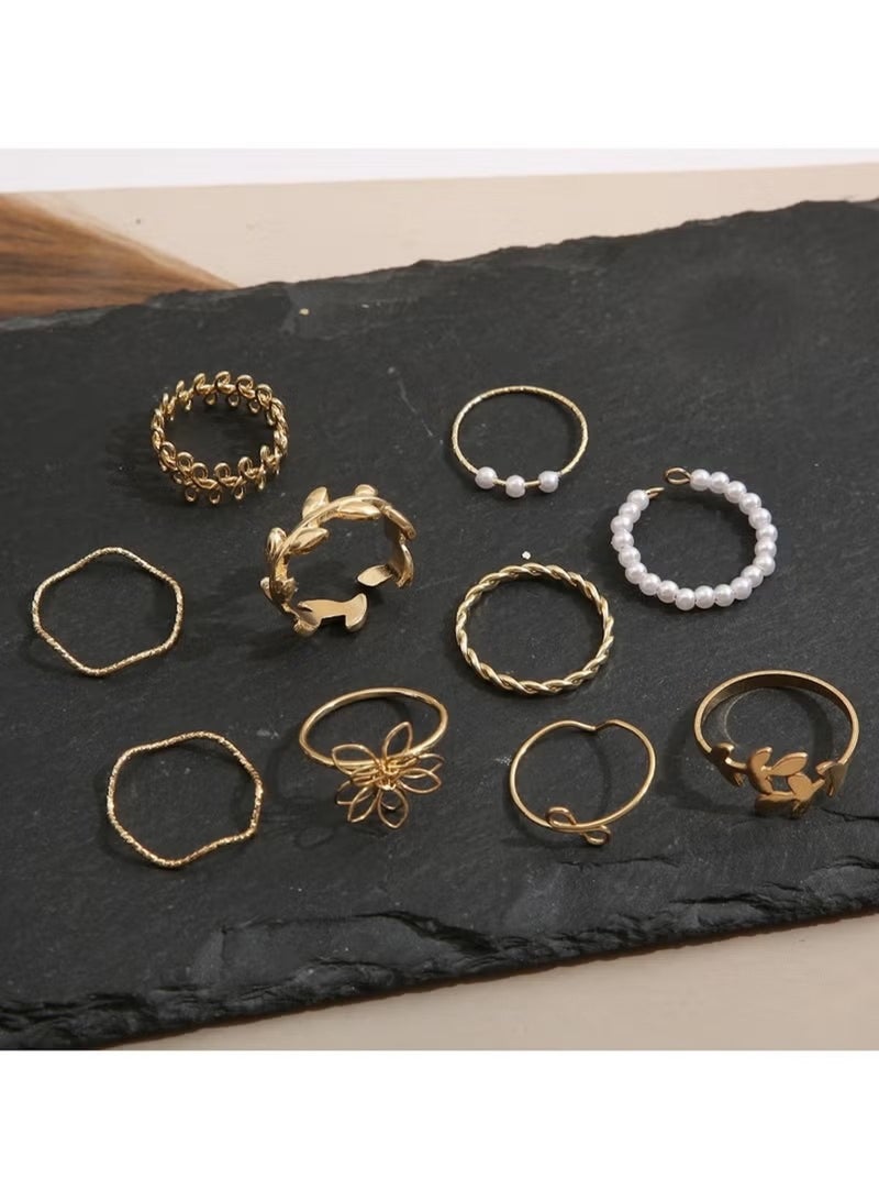 Huitich 10 Pcs Gold-Tone Bohemian Leaf & Pearl Ring Set - Image 4