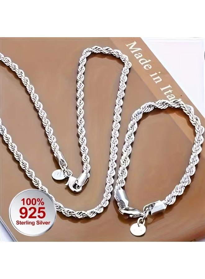 عين طقم عقد وسوار من الفضة الإسترليني عيار 925، بطول 40 سم، بتصميم حبل ملتوي، مناسب للرجال والنساء - بنمط بوهيمي، هدية مثالية لأي مناسبة - Image 1