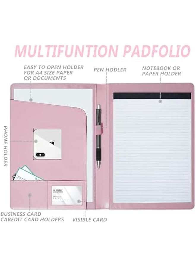 Arabest Pink Leather Portfolio Folder for Men and Women, Business Organizer Document Planner with Storage Pocket, Legal Pad Holder, Phone Compartment, Stylish Padfolio Binder for Paperwork.  - Image 3