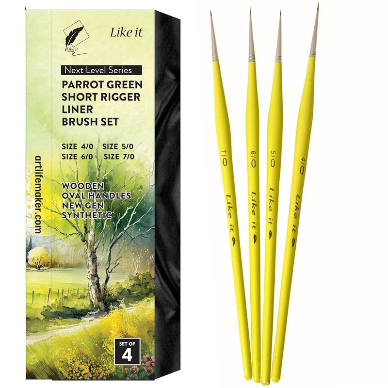 Like-It Like it Short Liner Premium SeriesSmall Professional Miniature Paint Brushes Set of 4 Size 40 50 60 and 70 Parrot Green Short Liner - Image 1