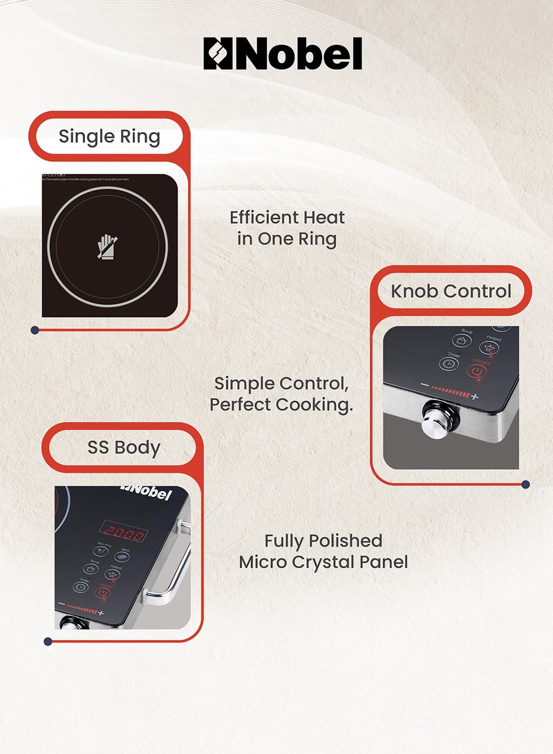 Nobel Infrared Cooker – Single Ring, Touch & Knob Control, Crystal Glass Panel, Residual Heat Indicator, Stainless Steel Body 1 NIC10I Black - Image 5