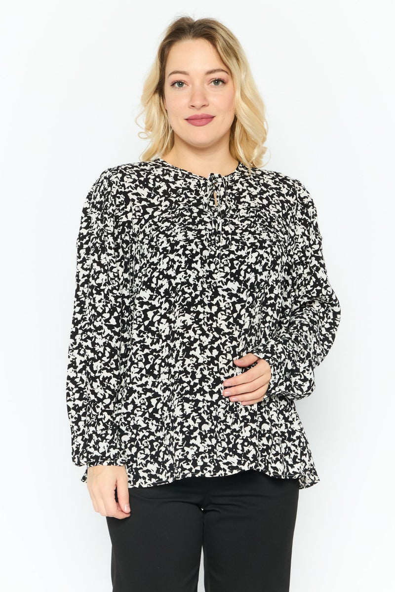 ESPRIT Women Tie Neck Long Sleeves All Over Print Tops, Black - Image 1