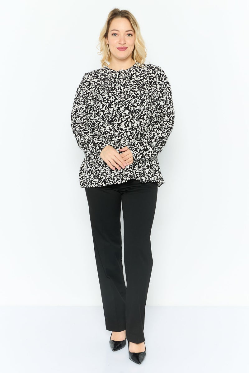 ESPRIT Women Tie Neck Long Sleeves All Over Print Tops, Black - Image 2