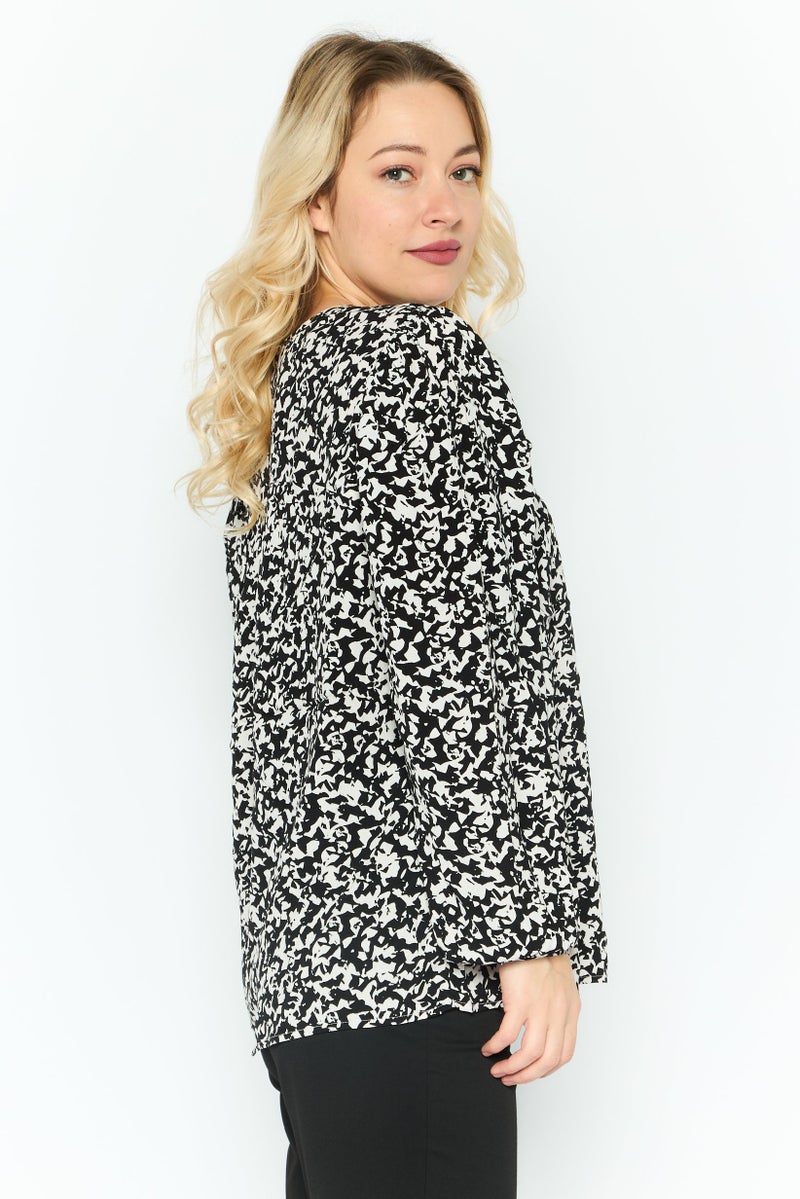 ESPRIT بلوزات نسائية بأكمام طويلة ورقبة مربوطة، مطبوعة بالكامل، سوداء - Image 4