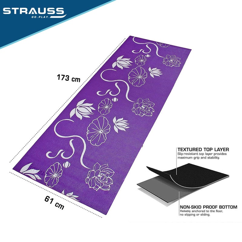 STRAUSS Exercise Floral Yoga Mat with Carry Bag Non-Slip Exercise & Fitness Mat for Yoga, Pilates & Floor Workouts For Men & Women Anti Tear Mat | Home & Gym Workout |Size-8mm, (Purple) - Image 4