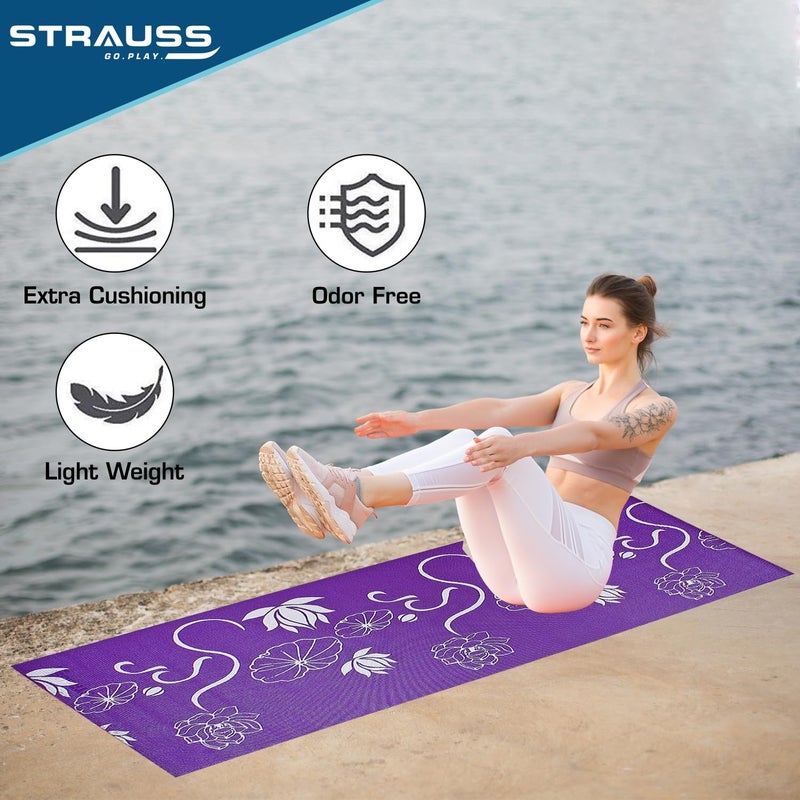STRAUSS Exercise Floral Yoga Mat with Carry Bag Non-Slip Exercise & Fitness Mat for Yoga, Pilates & Floor Workouts For Men & Women Anti Tear Mat | Home & Gym Workout |Size-8mm, (Purple) - Image 2
