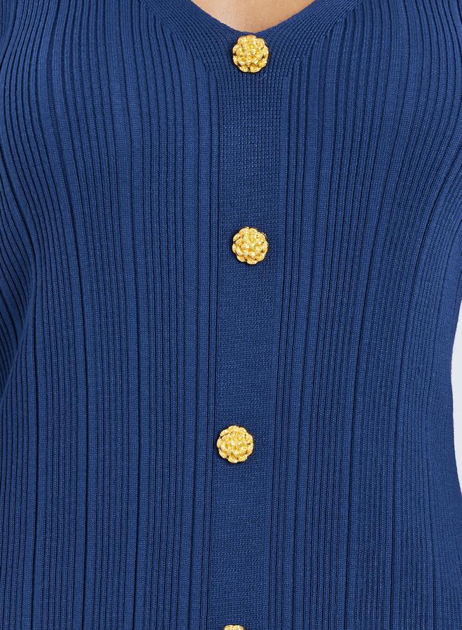 Styli Blue Textured Knit Midi Dress with Buttons - Image 4