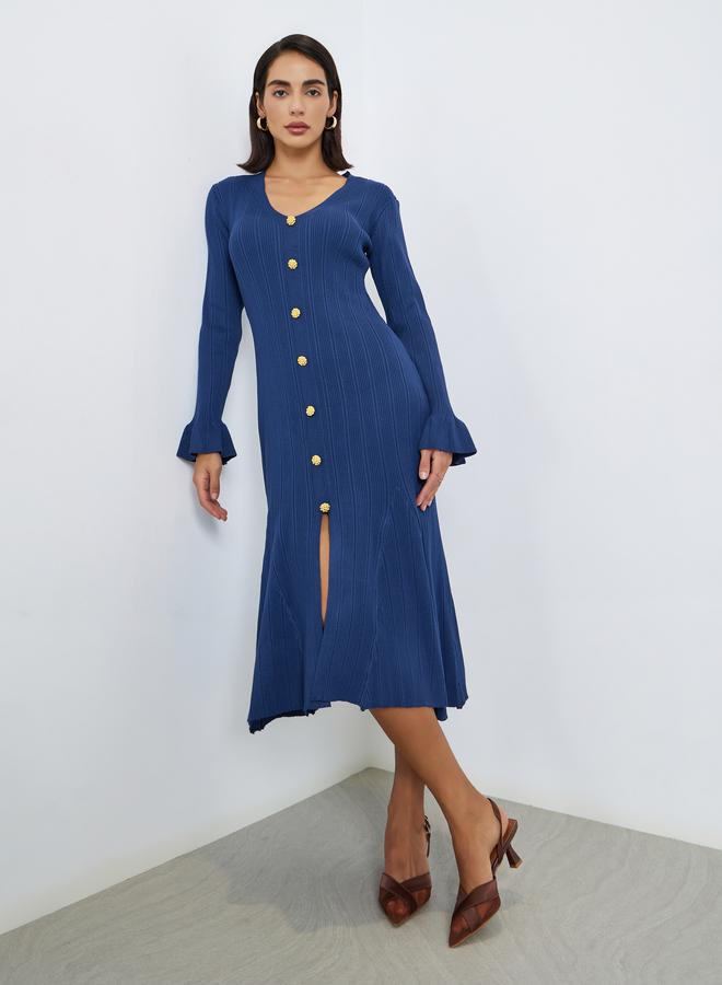 Styli Blue Textured Knit Midi Dress with Buttons - Image 1