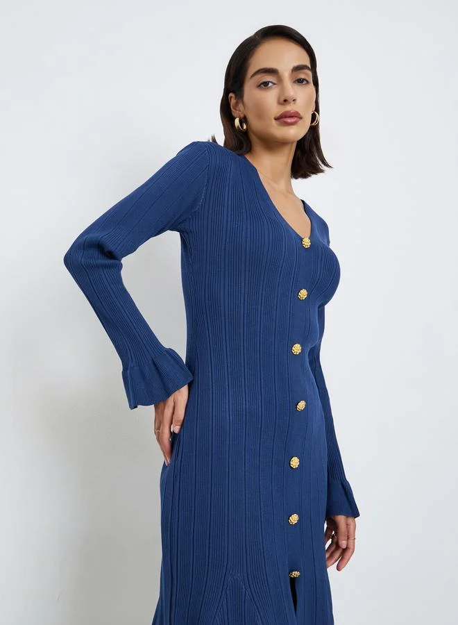 ستايلي فستان ميدي محبوك بارز الملمس بأزرار