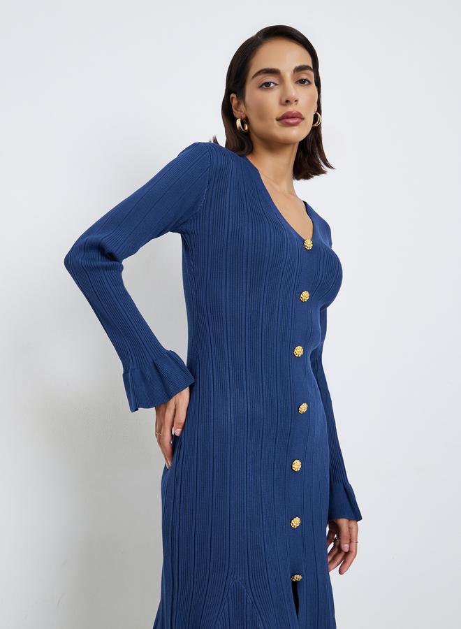 Styli Blue Textured Knit Midi Dress with Buttons - Image 2