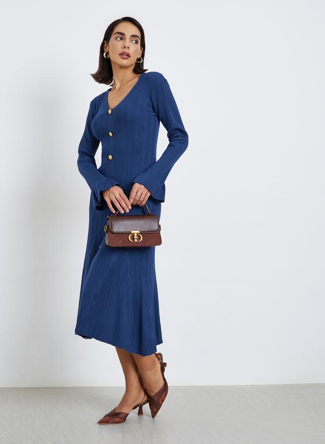 Styli Blue Textured Knit Midi Dress with Buttons - Image 3
