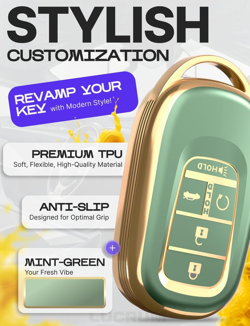 Lucrum Compatible with Honda Key Fob Cover & Leather Keychain - TPU Keyfob Case for Accord Civic CR-V HR-V Pilot Ridgeline, For 5 Button Remote (2022-2026) - Green and Gold - Image 3