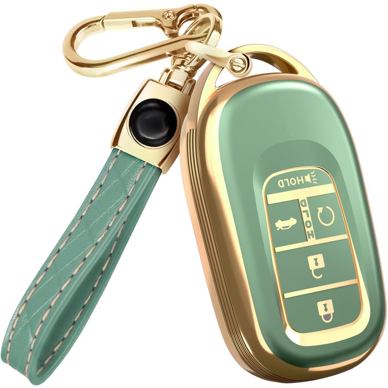 Lucrum Compatible with Honda Key Fob Cover & Leather Keychain - TPU Keyfob Case for Accord Civic CR-V HR-V Pilot Ridgeline, For 5 Button Remote (2022-2026) - Green and Gold - Image 1