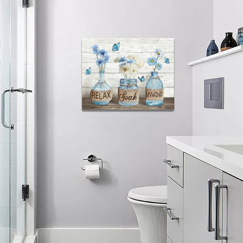 Tijuboni Farmhouse Bathroom Decor Wall Art Rustic Daisy Bathroom Pictures Canvas Print Country Bathroom Relax Soak Unwind Wall Decor Painting Framed Modern Bathroom Artwork 12"x16" - Image 2