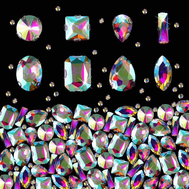240 Pieces Large Sew on Rhinestones Clear Sew on Glass Crystal Gems Diamond Stone Metal Back Prong Setting Crafts Mix Shapes Claw Rhinestones for Jewelry Clothes Shoes Costume Clear AB Color