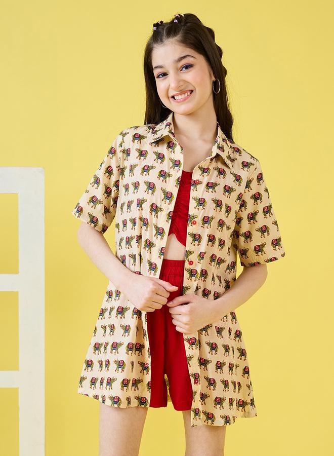 ستايلو بج ستايلو باغ 3 قطع - قميص بطبعة حيوانات، كروب توب وشورت سادة - Image 1