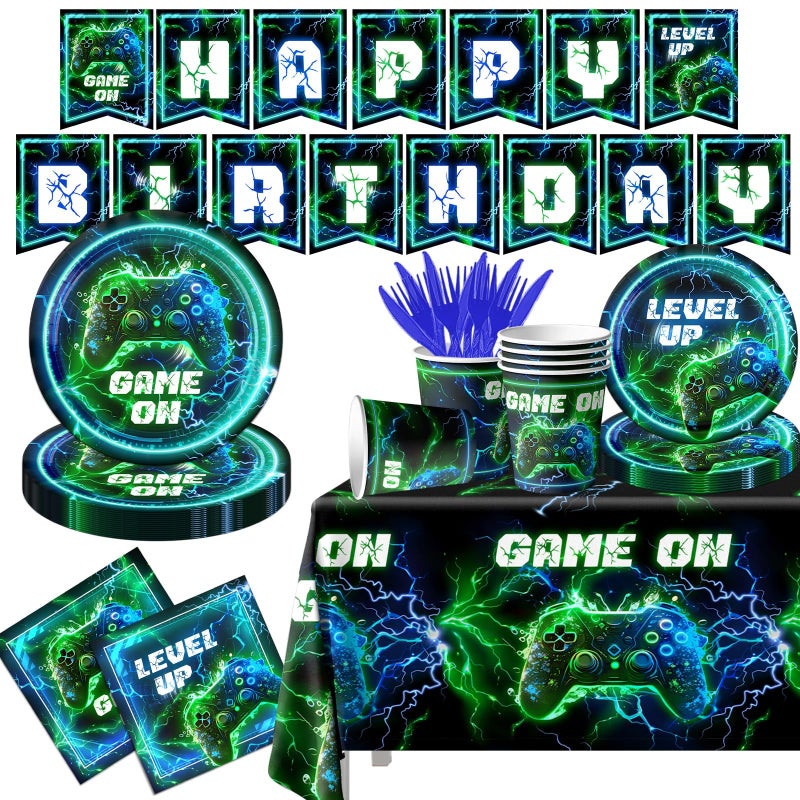 Video Game Birthday Party Supplies142pcs Neon Video Gaming Plates and Napkins Tableware Set Plastic Tablecloth for Boy Gamer Party Supplies Birthday Decor
