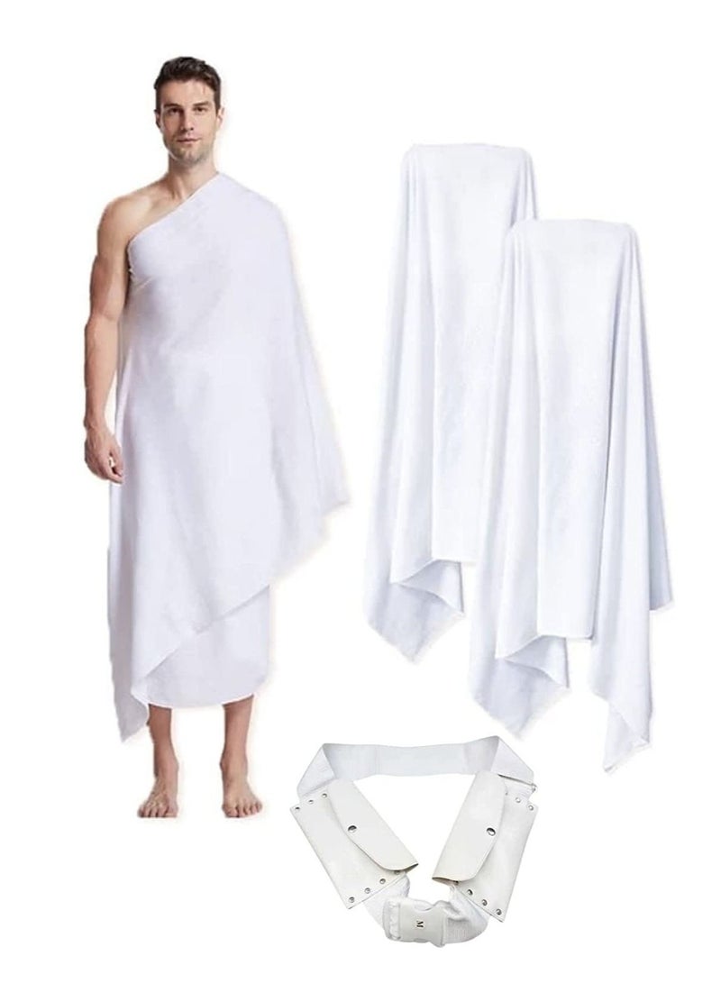 REBENUO Original Men's Hajj Umrah clothing Ahram 100% Cotton Super Soft 2 Pcs Towel Set (top and Bottom) 110X210inch New Dry Fast Microfiber Woven Technology.AND Ahrams Waterproof Belt.WEIGHT 1000 GRAMS  - Image 1
