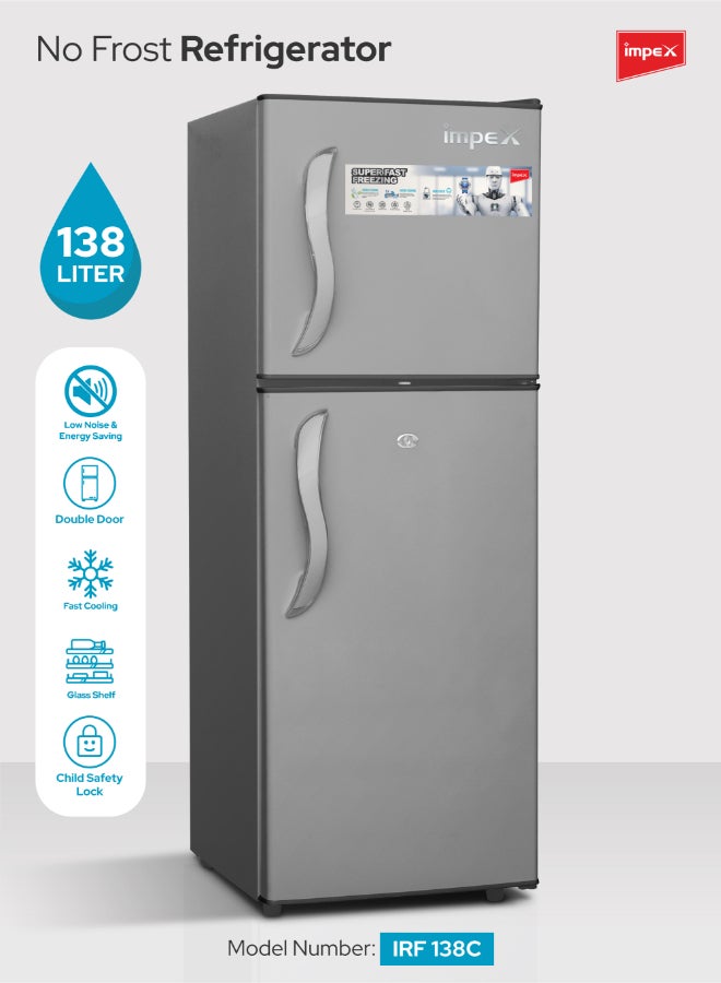 Impex 138L Gross/128L Net, Double Door Refrigerator, No Frost Inverter Refrigerator, 4.5 Cu.Ft Freezer, 42Ltr Freezer + 86Ltr Refrigerator, Glass Shelves, Fast Cooling Fridge Freezer, Silent Operation