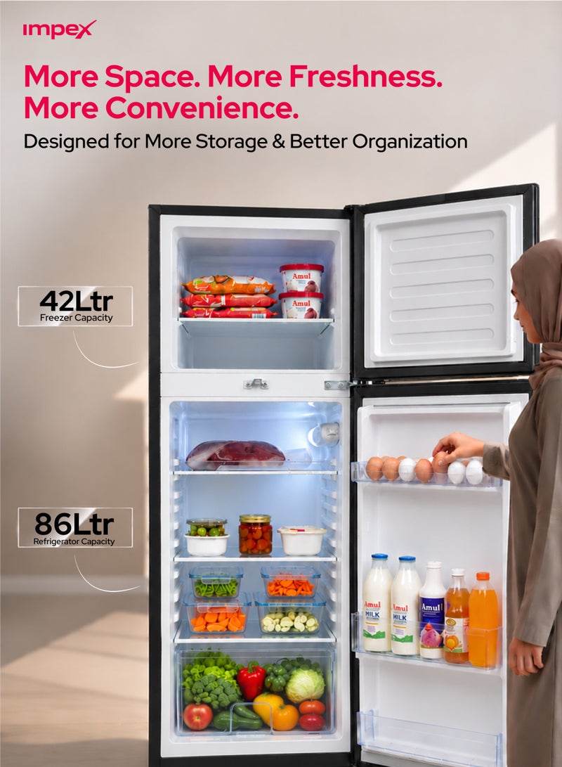 Impex 138L Gross/128L Net, Double Door Refrigerator, No Frost Inverter Refrigerator, 4.5 Cu.Ft Freezer, 42Ltr Freezer + 86Ltr Refrigerator, Glass Shelves, Fast Cooling Fridge Freezer, Silent Operation Best for Home, 2 Year Product Warranty & 10 Year Compressor Warranty, Safety Lock And Key, 120 W IRF 138C Dark Grey - Image 2