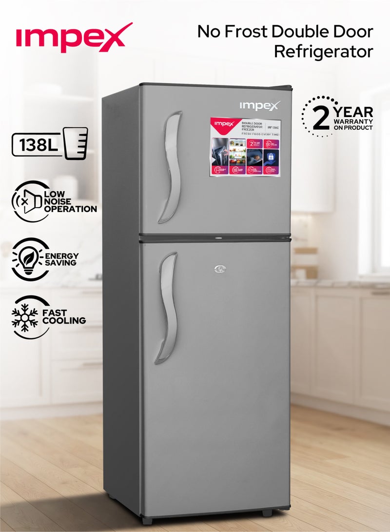 Impex 138L Gross/128L Net, Double Door Refrigerator, No Frost Inverter Refrigerator, 4.5 Cu.Ft Freezer, 42Ltr Freezer + 86Ltr Refrigerator, Glass Shelves, Fast Cooling Fridge Freezer, Silent Operation Best for Home, 2 Year Product Warranty & 10 Year Compressor Warranty, Safety Lock And Key, 120 W IRF 138C Dark Grey - Image 1