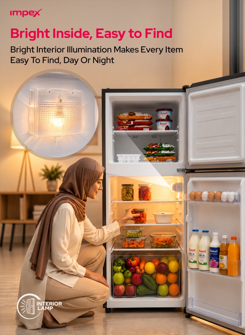 Impex 138L Gross/128L Net, Double Door Refrigerator, No Frost Inverter Refrigerator, 4.5 Cu.Ft Freezer, 42Ltr Freezer + 86Ltr Refrigerator, Glass Shelves, Fast Cooling Fridge Freezer, Silent Operation Best for Home, 2 Year Product Warranty & 10 Year Compressor Warranty, Safety Lock And Key, 120 W IRF 138C Dark Grey - Image 4