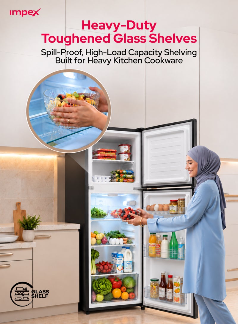 Impex 138L Gross/128L Net, Double Door Refrigerator, No Frost Inverter Refrigerator, 4.5 Cu.Ft Freezer, 42Ltr Freezer + 86Ltr Refrigerator, Glass Shelves, Fast Cooling Fridge Freezer, Silent Operation Best for Home, 2 Year Product Warranty & 10 Year Compressor Warranty, Safety Lock And Key, 120 W IRF 138C Dark Grey - Image 3