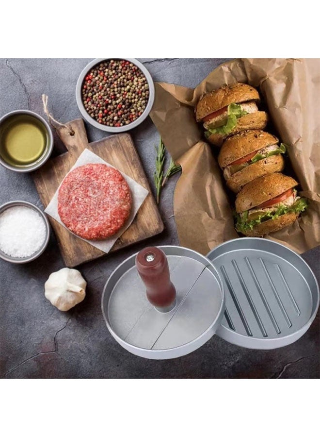 م prensa همبرغر دائرية مع 100 ورقة من ورق البرشمان، صانع البرجر، prensa برجر من سبائك الألومنيوم، أداة prensa برجر غير لاصقة بمقبض خشبي، مناسبة لصواني الفرن، الرفوف والشواء - Image 4