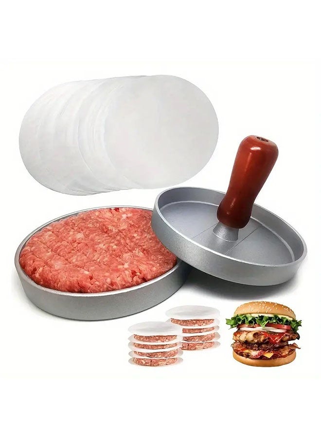 م prensa همبرغر دائرية مع 100 ورقة من ورق البرشمان، صانع البرجر، prensa برجر من سبائك الألومنيوم، أداة prensa برجر غير لاصقة بمقبض خشبي، مناسبة لصواني الفرن، الرفوف والشواء - Image 1