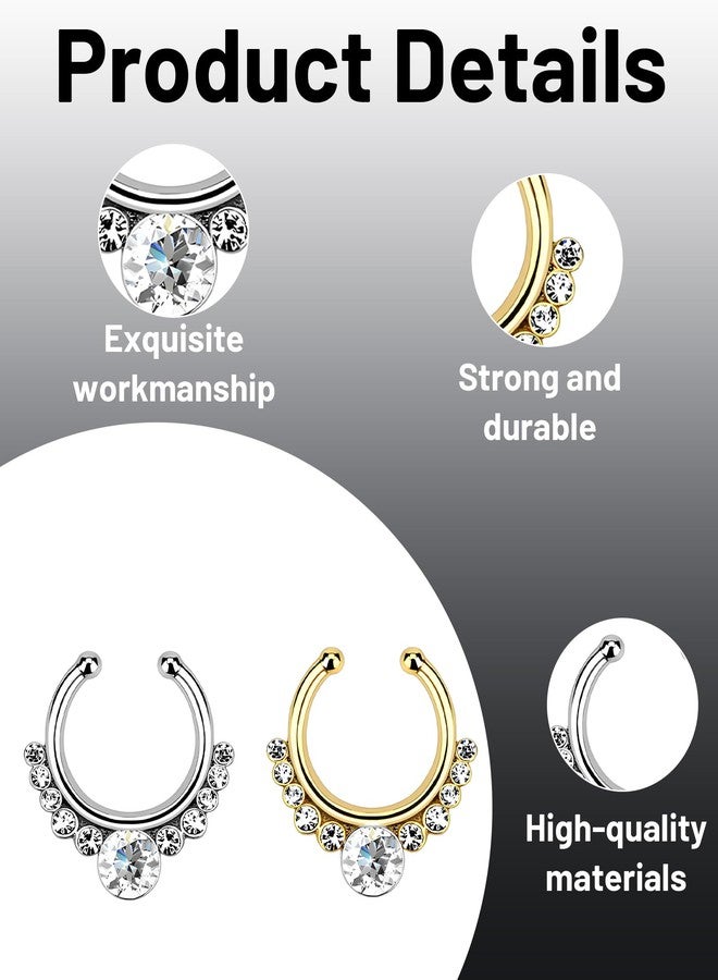 Buildcon 2 Pcs Septum Nose Ring Without Piercing, Gold and White Zircon Nose Pin for Women, Marathi Nath Style Nosepin, Fashion Nose Rings and Special Occasions - Image 2