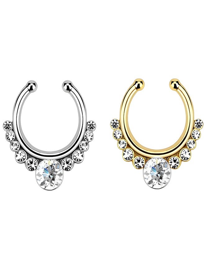 Buildcon 2 Pcs Septum Nose Ring Without Piercing, Gold and White Zircon Nose Pin for Women, Marathi Nath Style Nosepin, Fashion Nose Rings and Special Occasions - Image 1