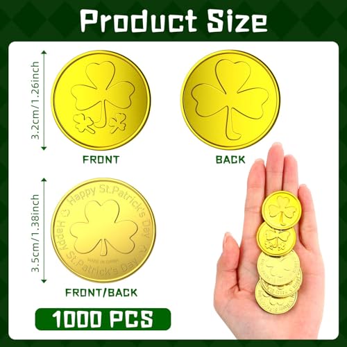Sanwuta 1000 PCS St Patricks Day Gold Coins Plastic Lucky Shamrock Leprechaun 3 Leaf Clover Coins for St Patricks Party Decoration Favors 14 Inch Vibrant Style - Image 5