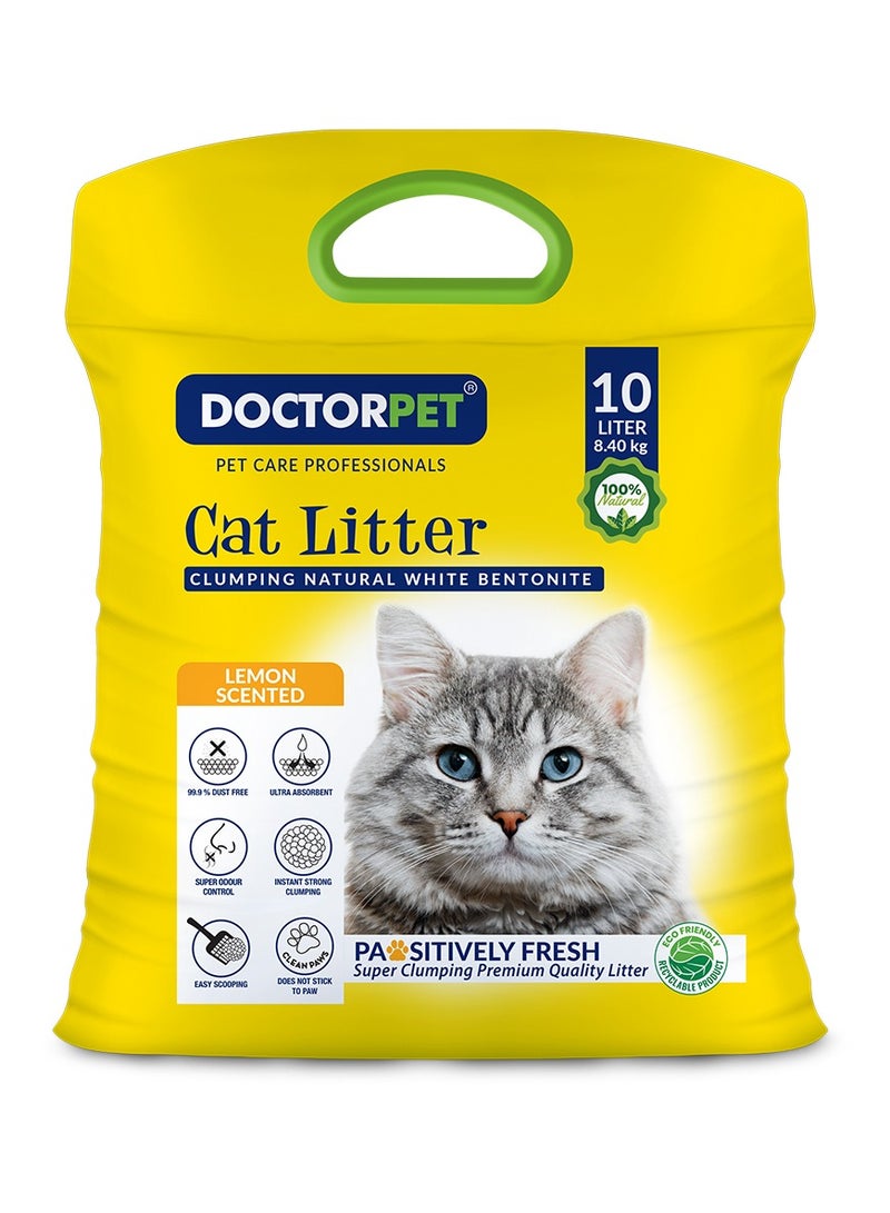 DOCTERPET Doctor Pet Cat Litter Lemon 10L – 100% Natural Clumping Bentonite,Scented, Ultra Absorbent,Easy Scooping, Dust-Free, Odor Control, Easy Scooping, Hypoallergenic & Non-Stick Paw Formula - Image 1