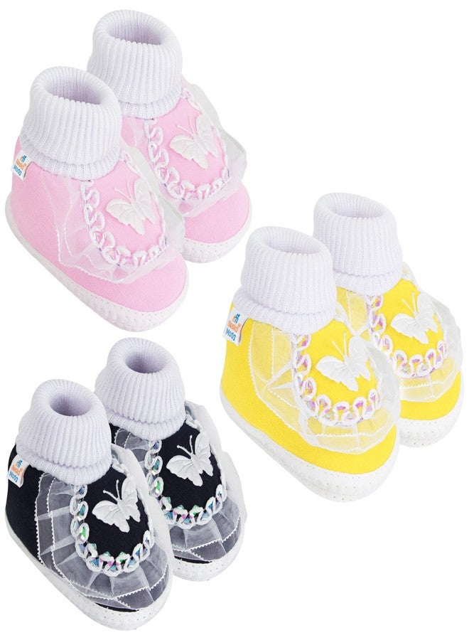 Neska Moda 6 To 12 Months Baby Girls Pack of 3 Pair Cotton Butterfly Frill Baby Booties (Black,Baby Pink,Yellow) -SK176andSK179andSK141 - Image 1