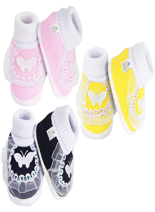 Neska Moda 6 To 12 Months Baby Girls Pack of 3 Pair Cotton Butterfly Frill Baby Booties (Black,Baby Pink,Yellow) -SK176andSK179andSK141 - Image 5