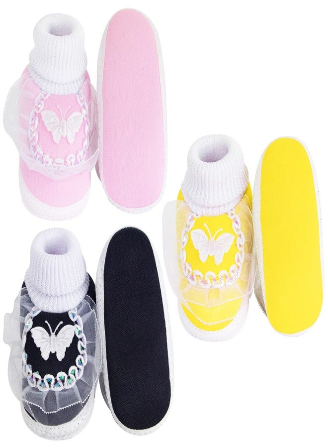 Neska Moda 6 To 12 Months Baby Girls Pack of 3 Pair Cotton Butterfly Frill Baby Booties (Black,Baby Pink,Yellow) -SK176andSK179andSK141 - Image 4