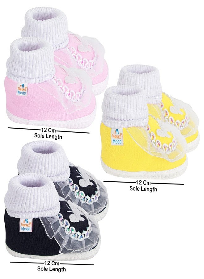 Neska Moda 6 To 12 Months Baby Girls Pack of 3 Pair Cotton Butterfly Frill Baby Booties (Black,Baby Pink,Yellow) -SK176andSK179andSK141 - Image 2