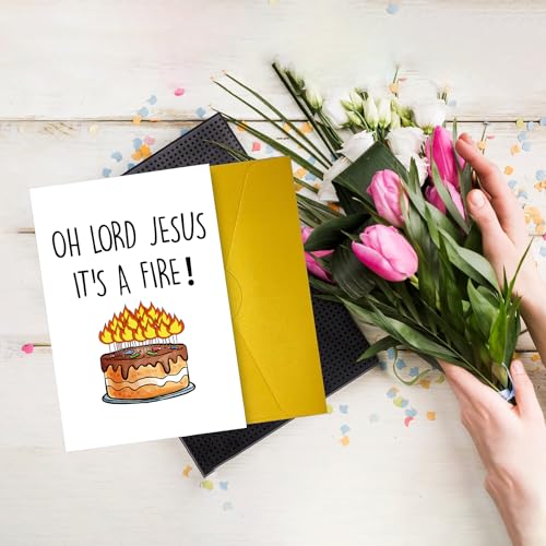 COLINHELIN Funny Birthday Cake Card for Friend Bestie Women, Snarky Humor Happy Birthday Card for Him & Her - Oh Lord Jesus It's A Fire - Image 5