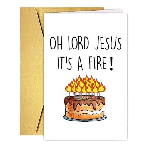 COLINHELIN Funny Birthday Cake Card for Friend Bestie Women, Snarky Humor Happy Birthday Card for Him & Her - Oh Lord Jesus It's A Fire - Image 1